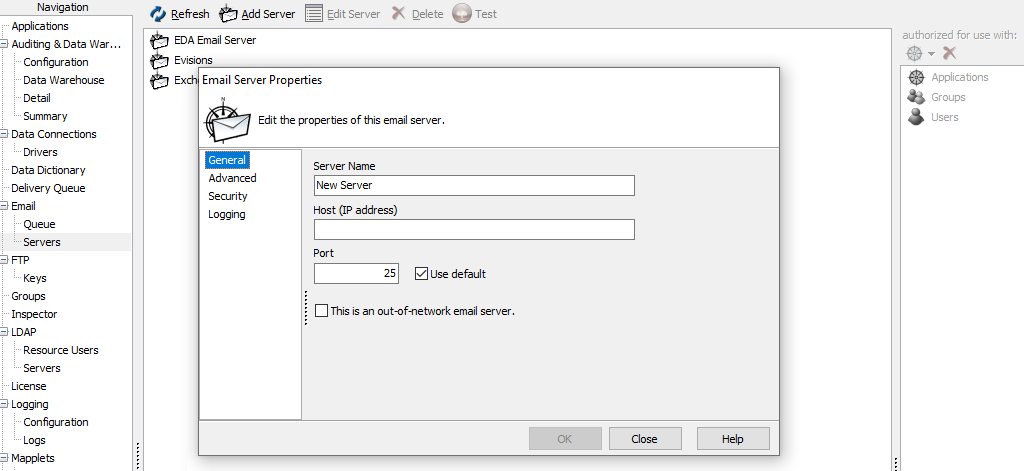 Email Servers screen showing the General tab of the Email Properties dialog open to create a new email server.